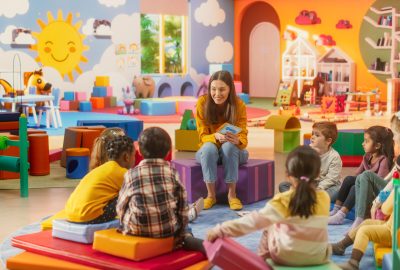 Happy Kindergarten Pedagogue Having a Conversation with Kids, Using Enthusiastic Teaching Methods in a Modern Colorful Kindergarten. Female Educator Stimulating Linguistic and Social Skills